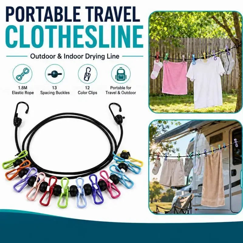 Portable Retractable Travel Clothesline 12 Clothes Clips for Indoor Laundry Drying line,Outdoor Camping Accessories PawLuxe