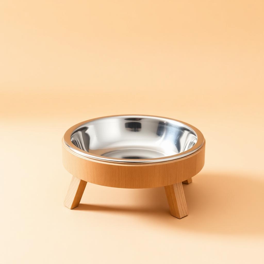 Elevated stainless steel pet bowl on wooden stand